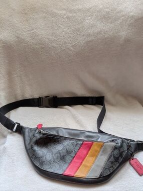 Coach Signature Waist Bag with Pink, Mustard & Light Gray Stripes